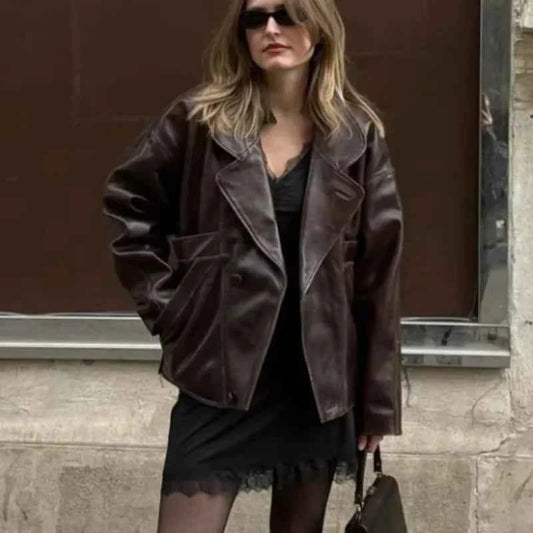 Burgundy Faux Long Sleeve Leather Jacket