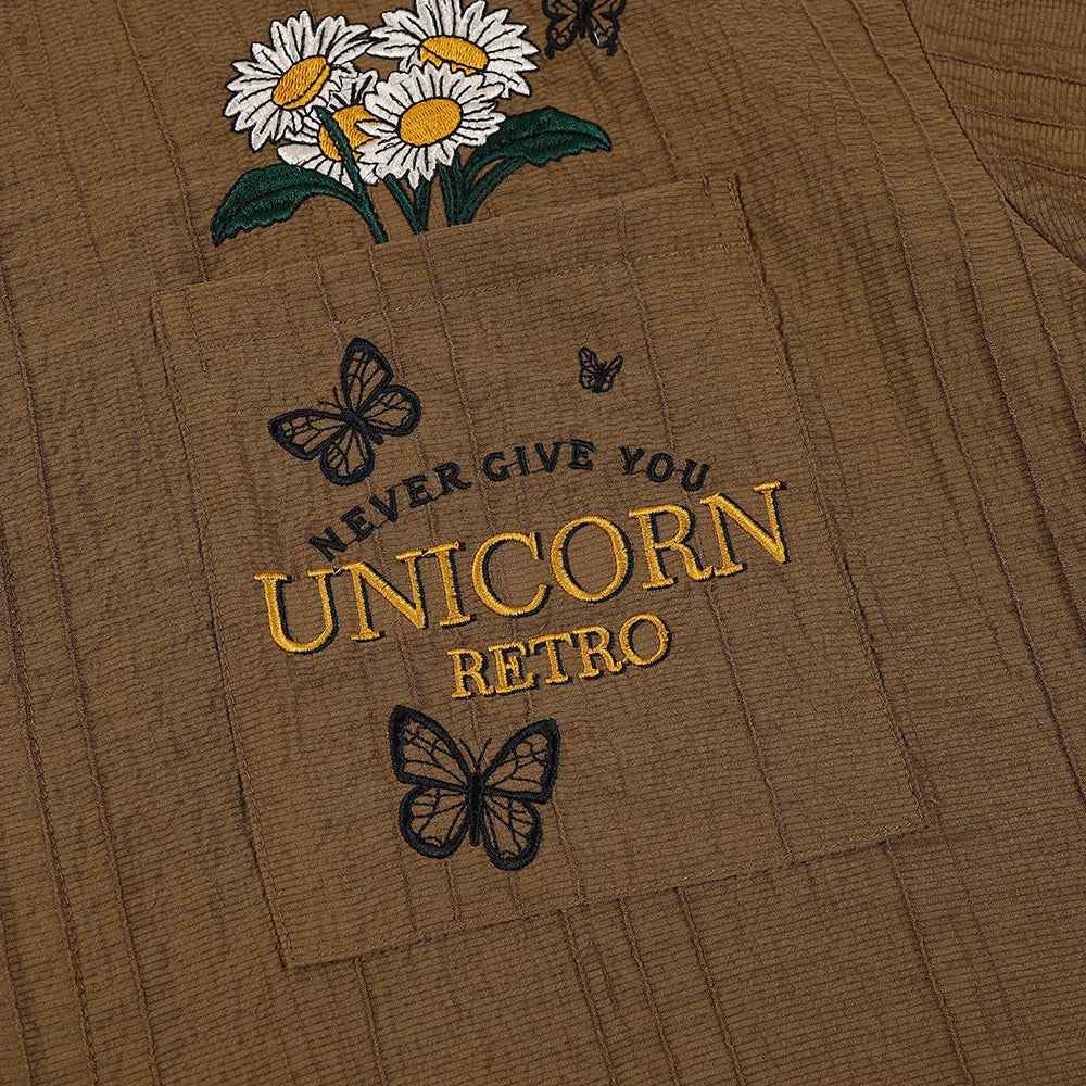 Embroidered Butterfly Button-Up Short Sleeve Shirt