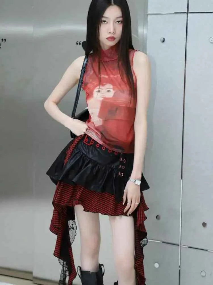 Bold Red Mesh Graphic Tank T-Shirt