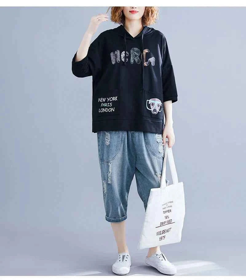 Women Cute Letter Print Casual Hoodied Sweatshirt