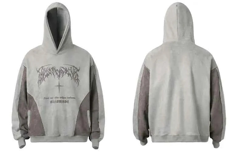 Streetwear Grunge Patchwork Suede Hoodie