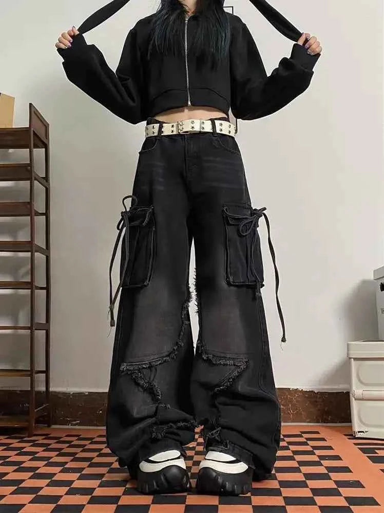 Women Retro Vintage Lace Up High Waist Jeans
