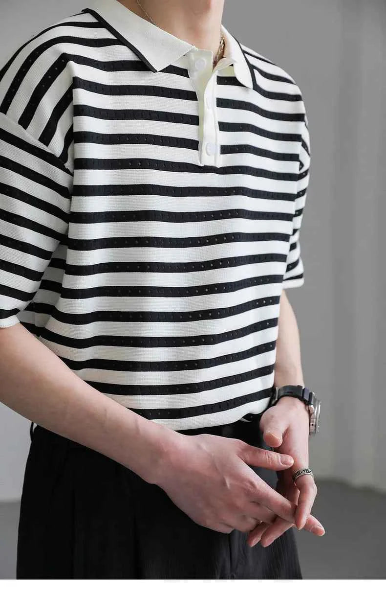Classic Luxury Striped Polo Button Down T-Shirt