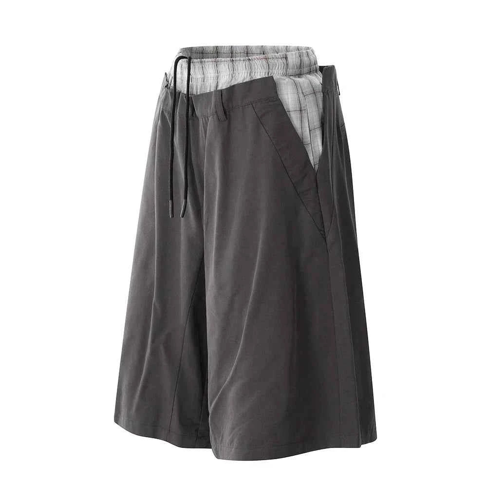Plaid Patchwork Fake Two Pieces Elastic Waist Short