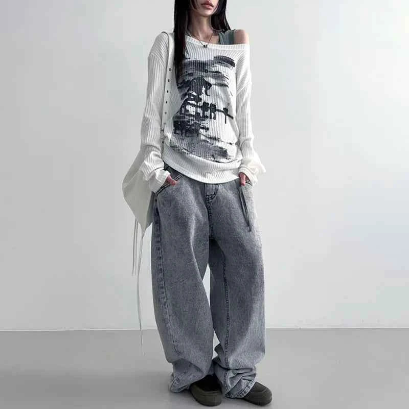 Vintage Graphic Printing Skew Collar Sweater