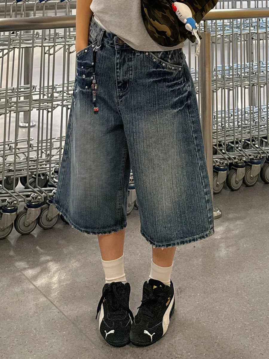 Streetwear Washed Punk Rivets Denim Jorts