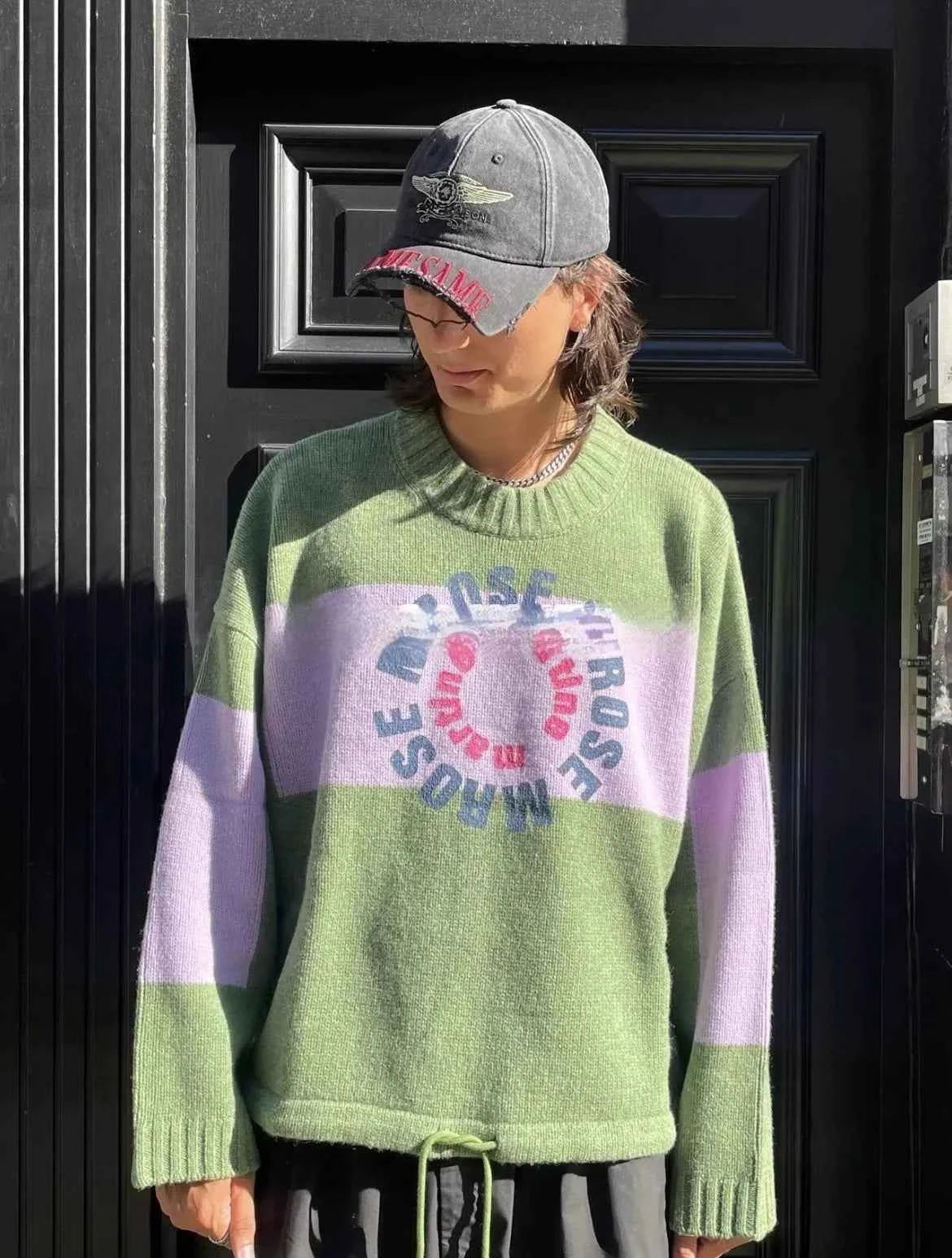 Green Circular Slogan Round Neck Sweater