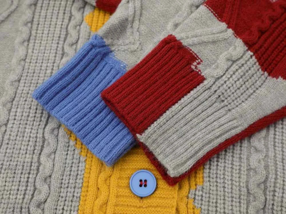 Retro Single Breasted Color Block V-Neck Collar Cardigan