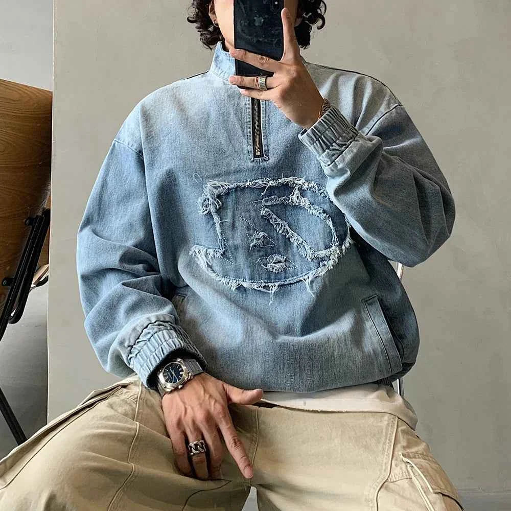 Vintage Distressed Denim Half Zipper Sweatshirt