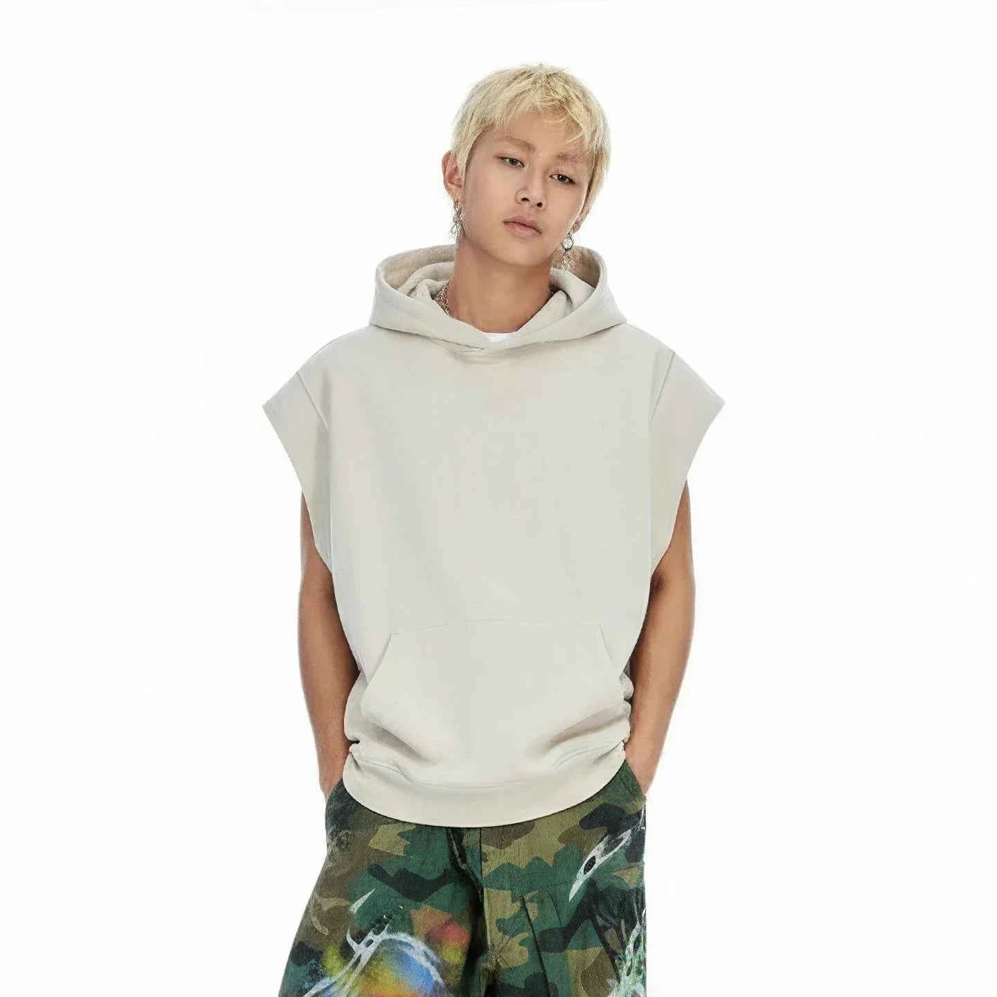 Heavyweight Casual Rolled Edge Sleeveles Hoodie