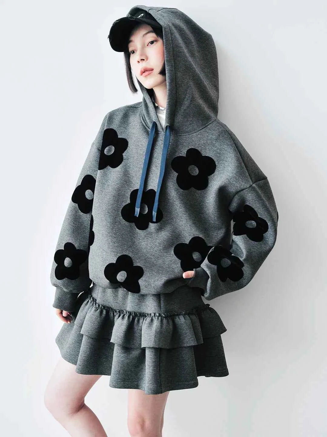 Autumn Gray Floral Patch Casual Hoodie