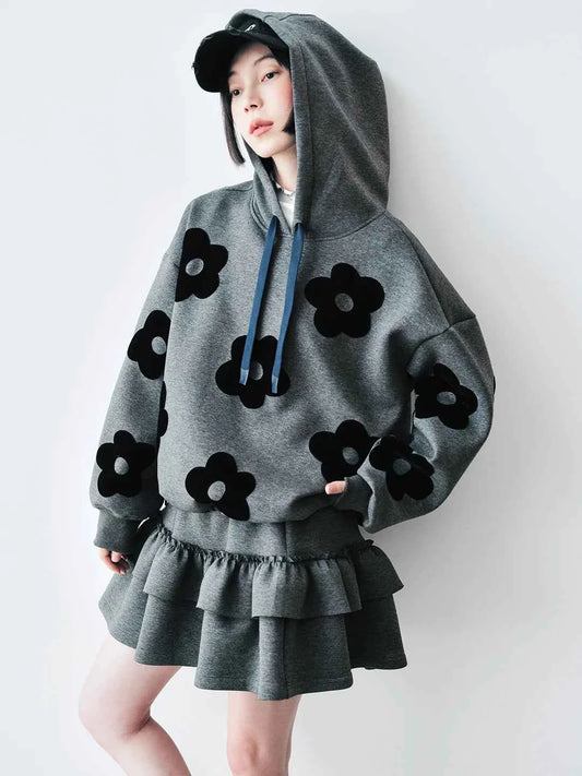 Autumn Gray Floral Patch Casual Hoodie
