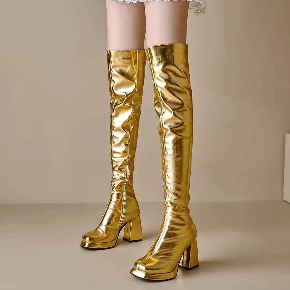 Winter Block High Heels Metallic Zipper Boots