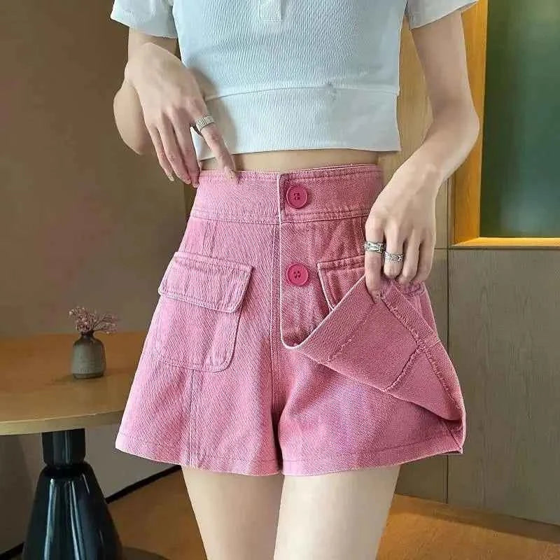 Pink High Waist Culotte Denim Cargo Skirt