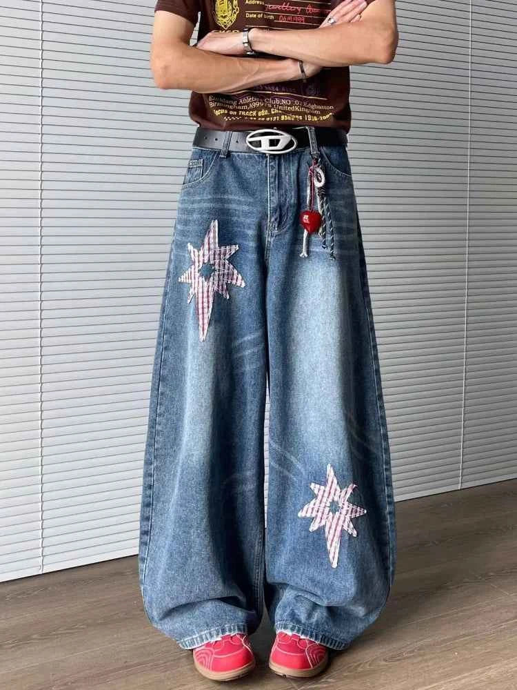 Star Embroidery Baggy Stacked Hip Hop Jeans