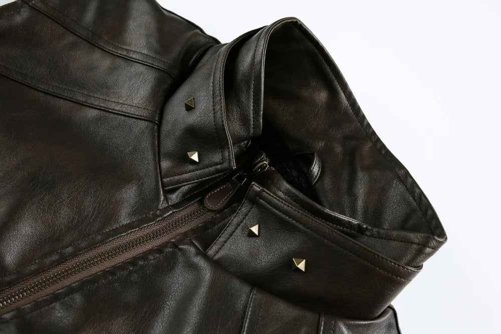 Retro Rivets Stand Collar Motorcycle Leather Vest