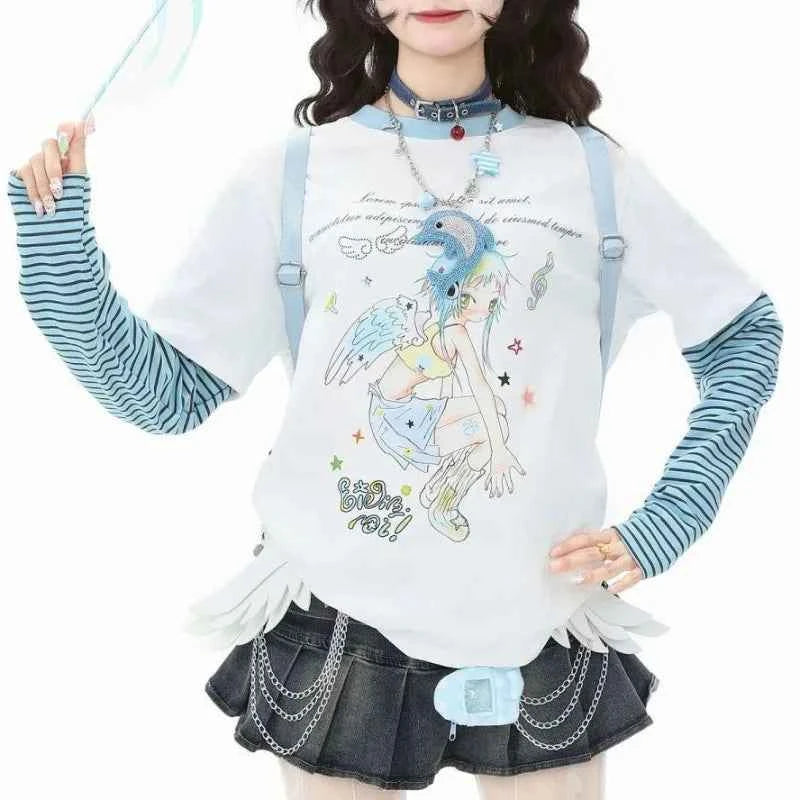 Sweet Autumn Fake Two Piece Cartoon Printed T-Shirt