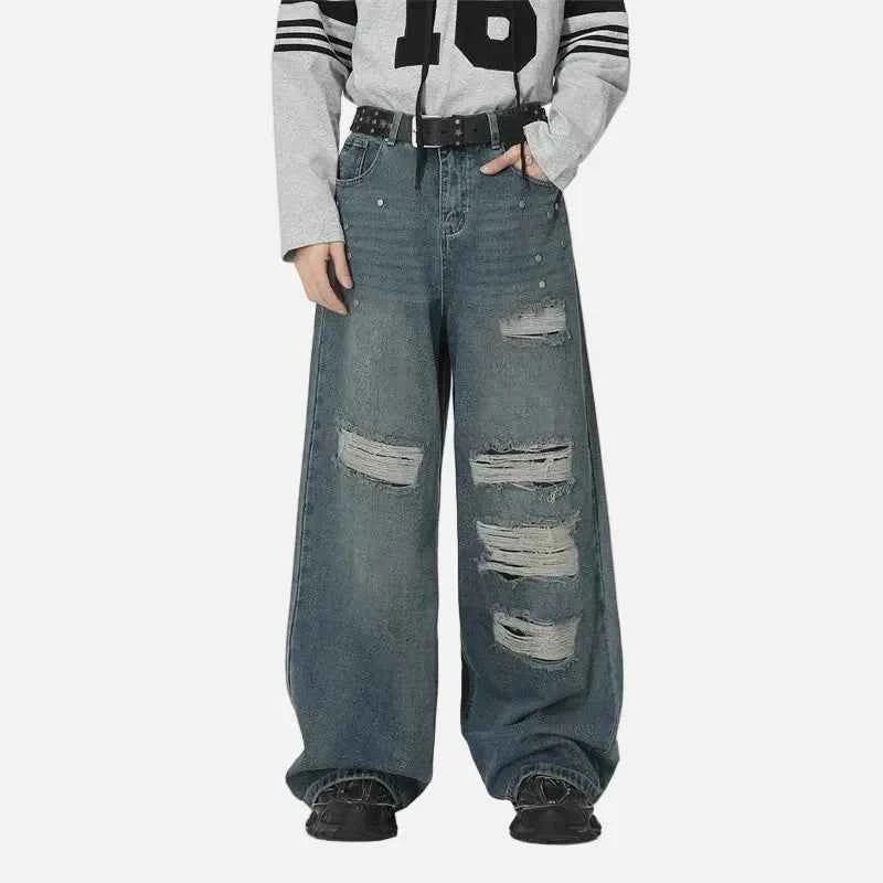 Stylish Patchwork Metal Studs Distressed Jeans