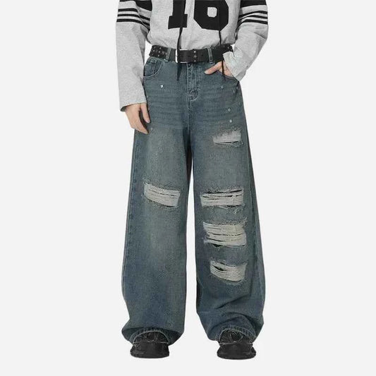 Stylish Patchwork Metal Studs Distressed Jeans