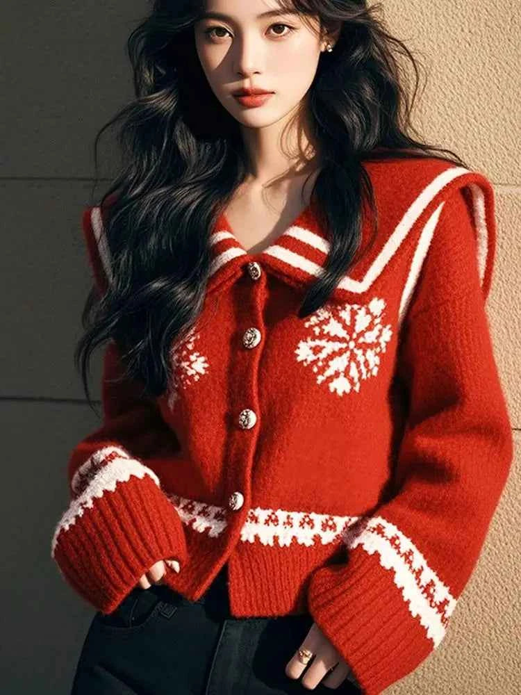 Women Red Christmas Long Sleeve Cardigan