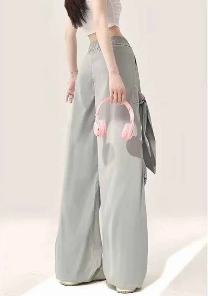 Women Vintage Casual Gray Bow Cargo Pants