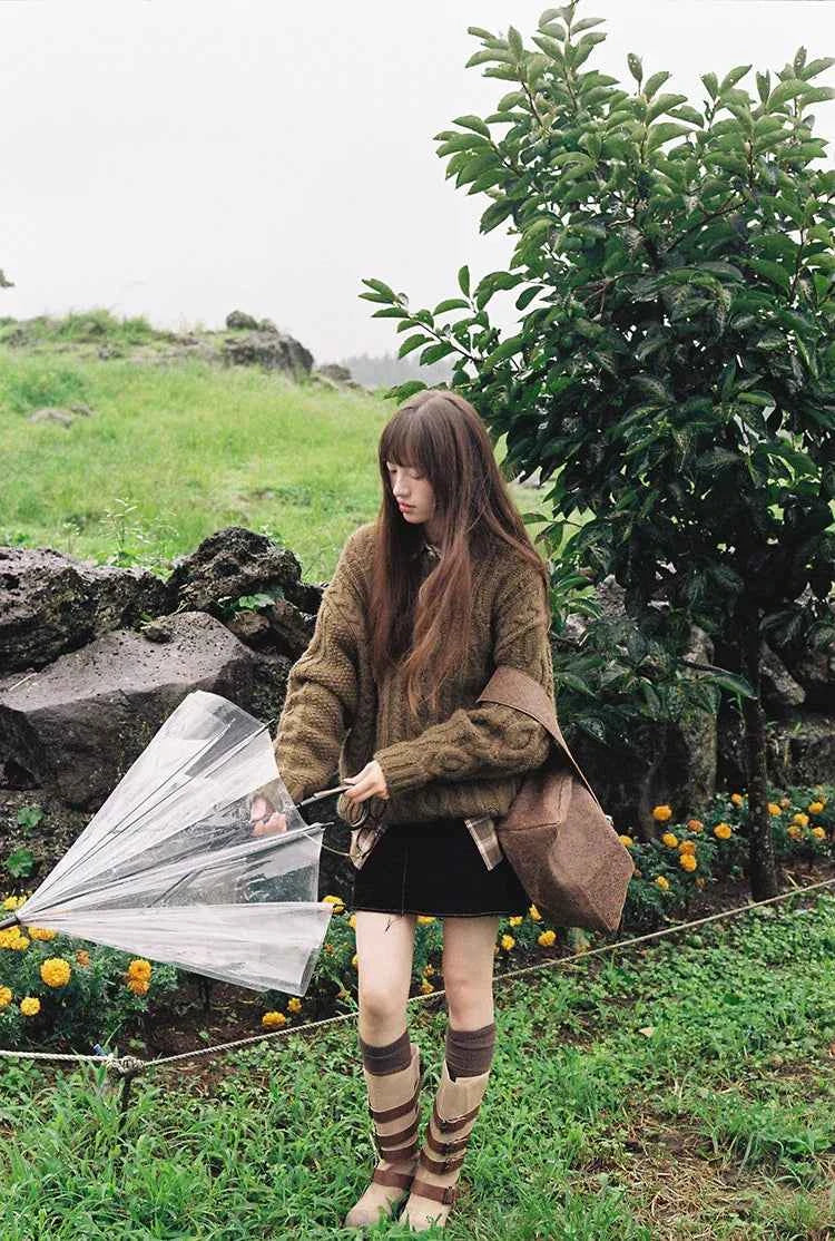 Women Vintage Green Knitwear Casual Sweater