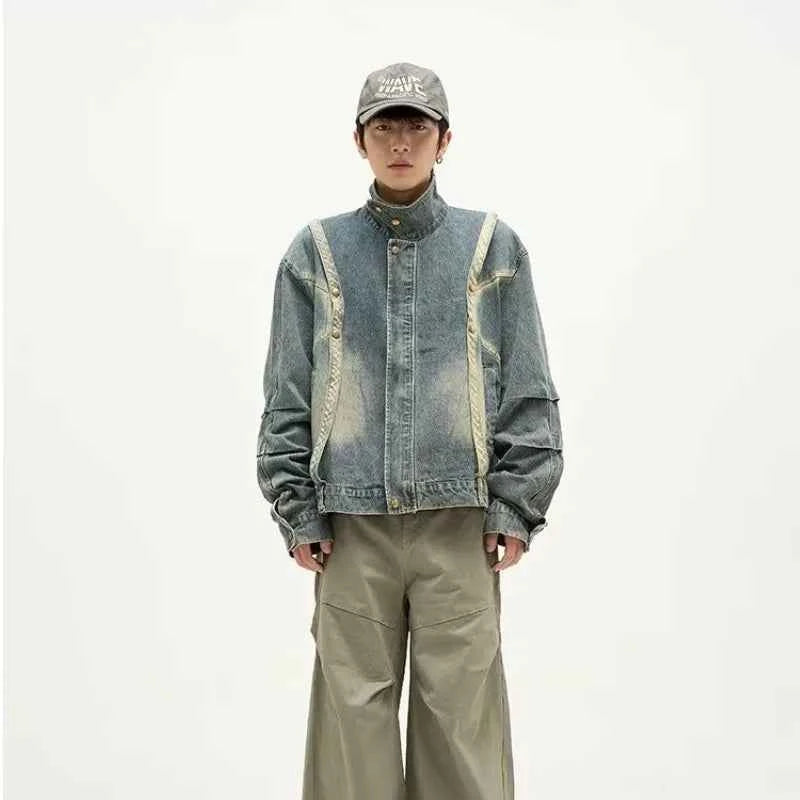 Chic Pleated Stitching Tie Dye Denim Jacket