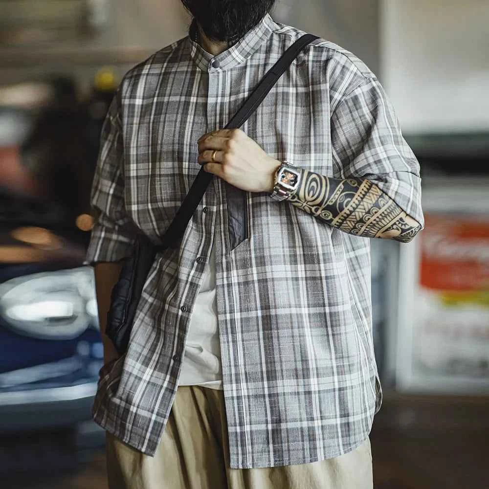 Vintage Retro Plaid Stand Collar Casual Shirt