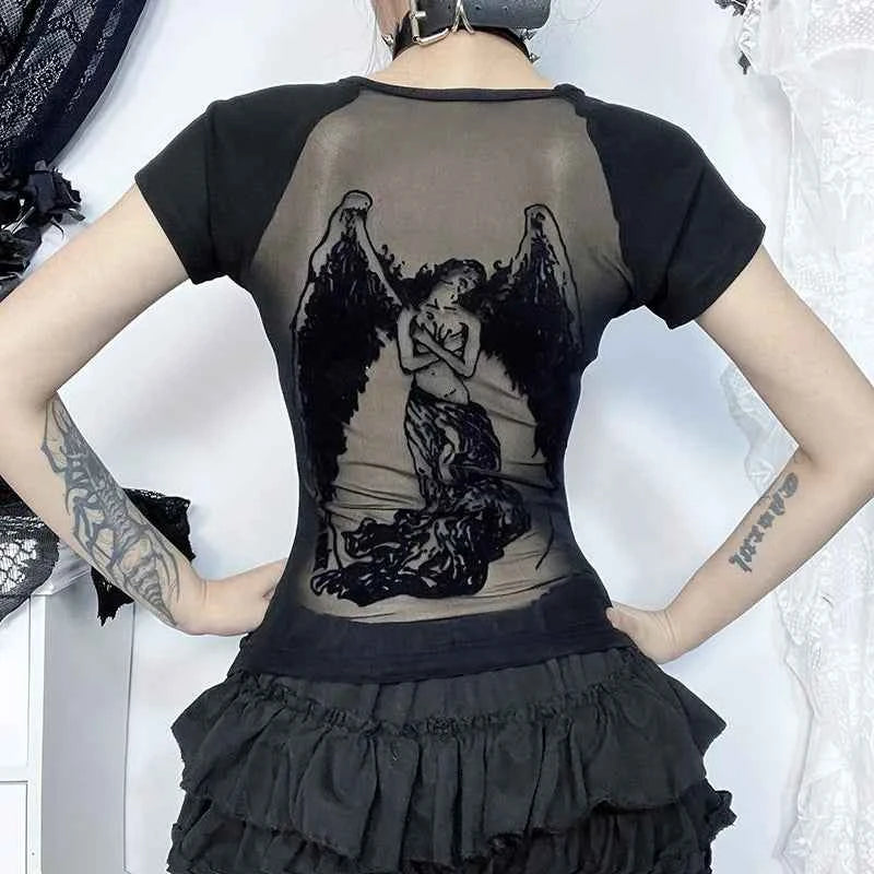 Dark Gothic Sheer Mesh Backless T-Shirt