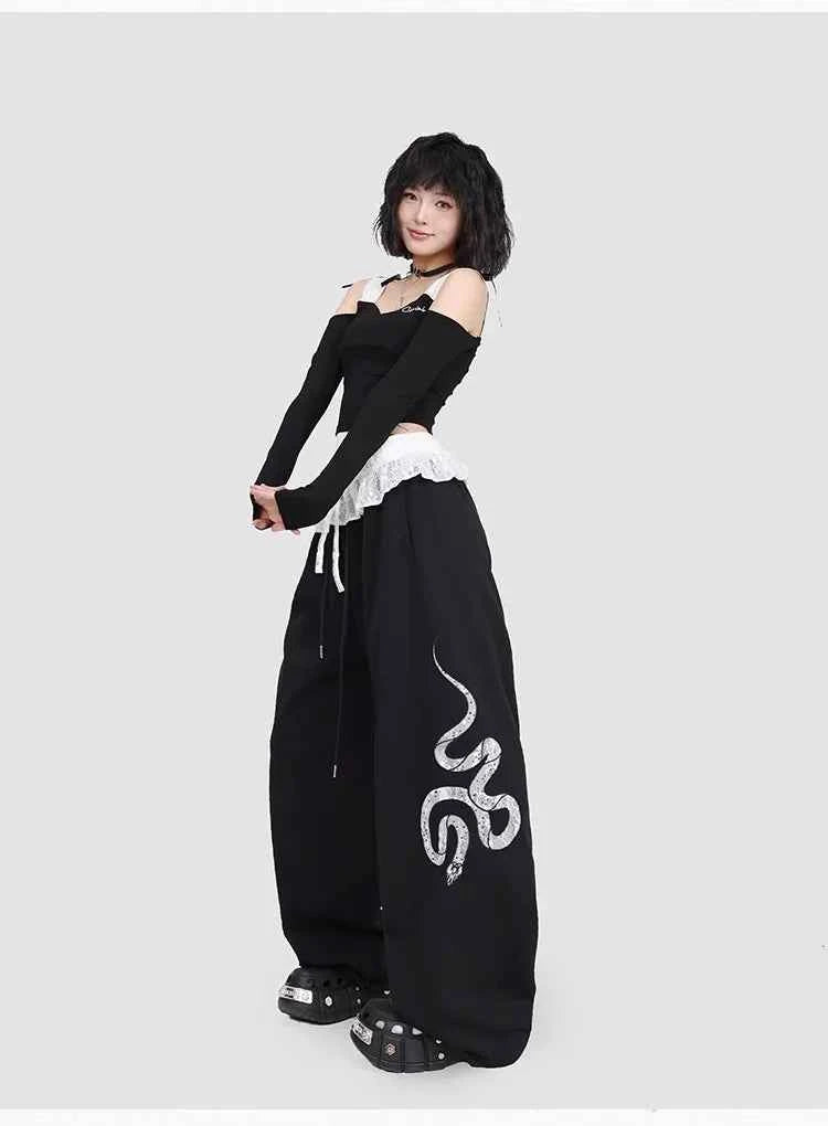 Snake Patch Embroidery Lace Hip Pants