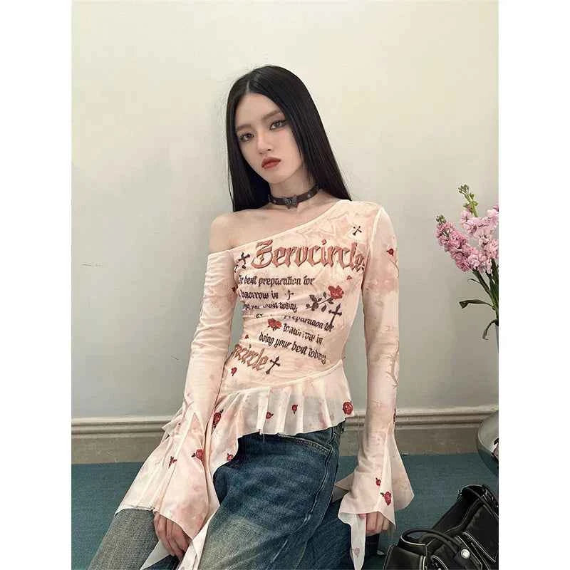 Flare Sleeve Mesh Off Shoulder T-Shirt