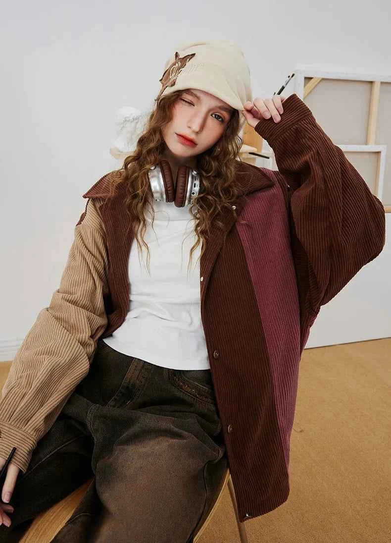 Streetwear Striped Colorblock Corduroy Baseball Jacket