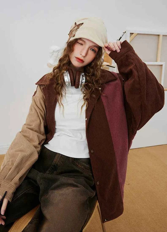 Streetwear Striped Colorblock Corduroy Baseball Jacket
