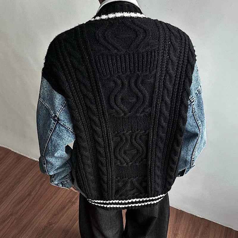 Lightweight Patchwork V-Neck Denim Cardigan