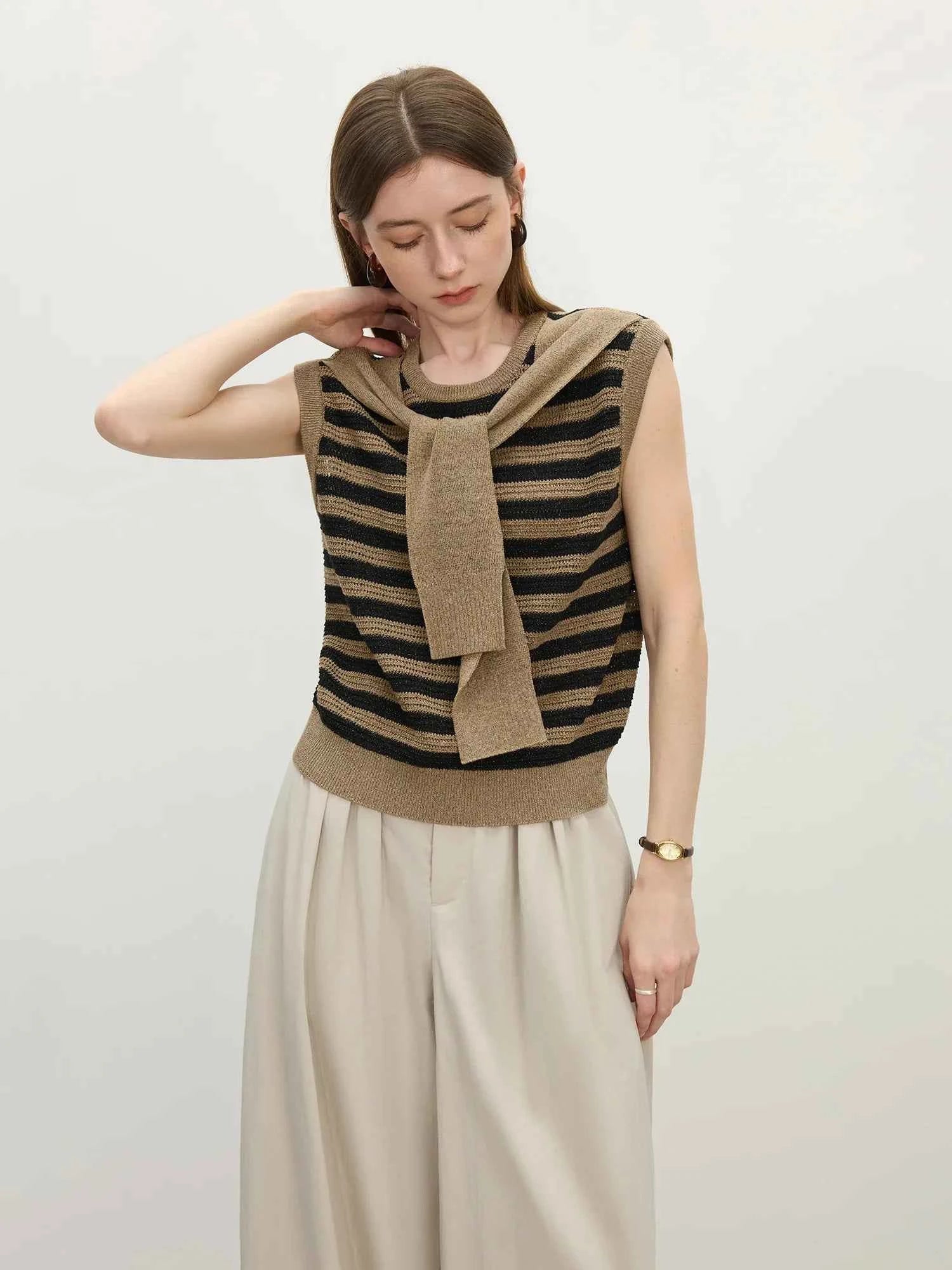 Women Retro Striped Knit Summer Sleeveless Sweater