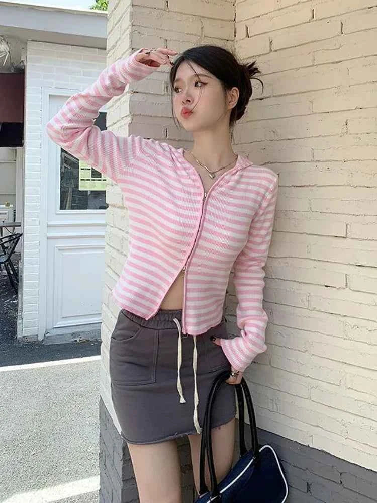 Y2K Pink Striped Vintage Aesthetic Sweater