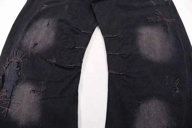 Streetwear Ripped Washed Wide Leg Jeans