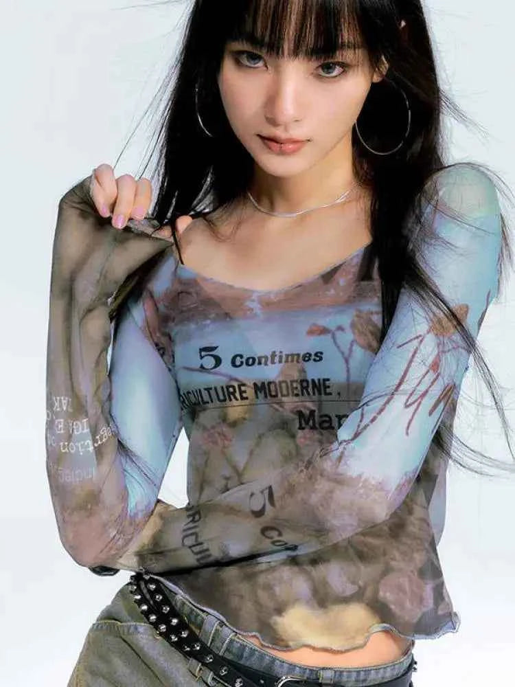 Sheer Mesh Letter Print Long T-Shirt