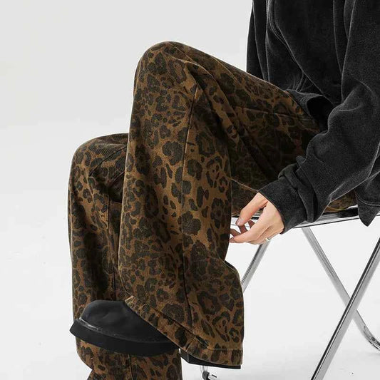 Streetwear Leopard Print Wide Leg Denim Jeans