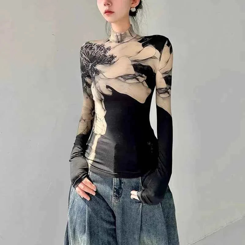Chic Patchwork High Neck Slim T-shirt