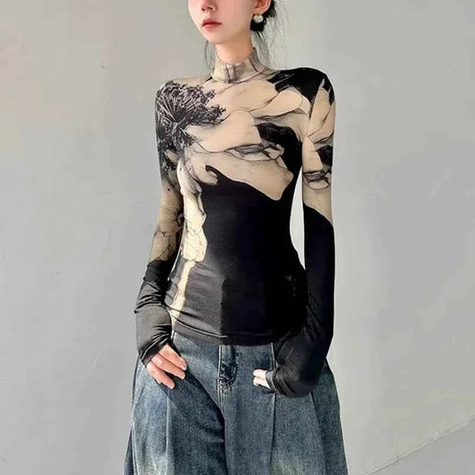 Chic Patchwork High Neck Slim T-shirt