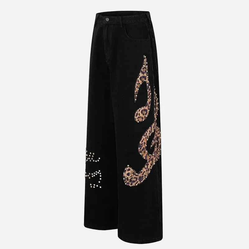Trendy Leopard Patchwork Black Denim Jeans