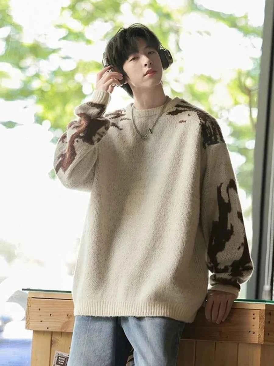 Men Retro Contrast Color Korean Style Sweater