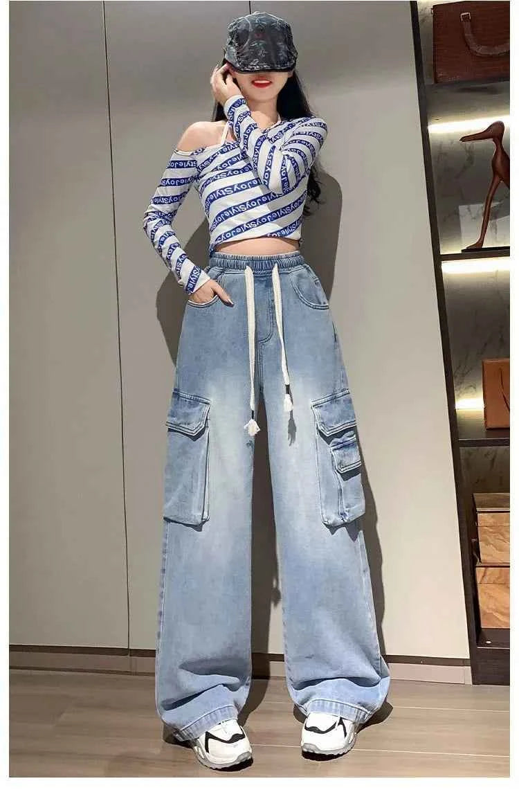 Utility Vibe High Waist Wide Leg Denim Cargo Jeans