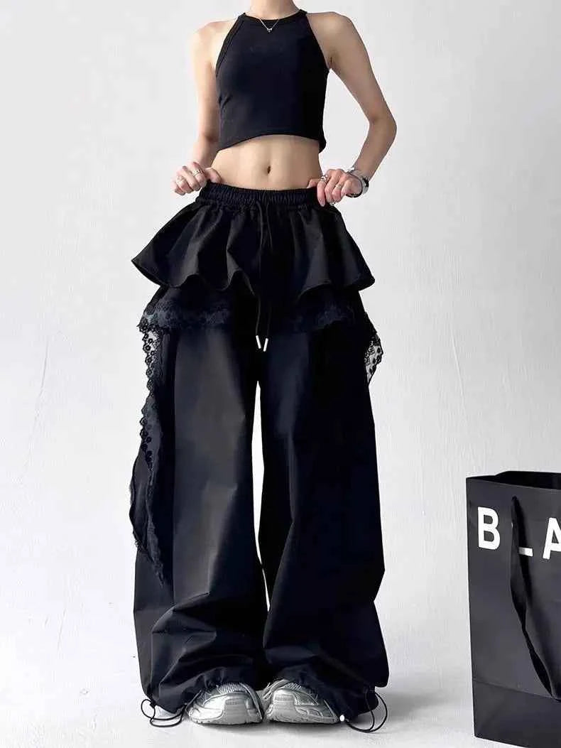 Contrasting Color Patchwork Lace Wide Pants