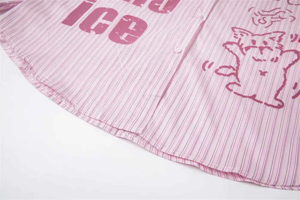 Retro Striped Cartoon Print Lapel Long Sleeve Shirt