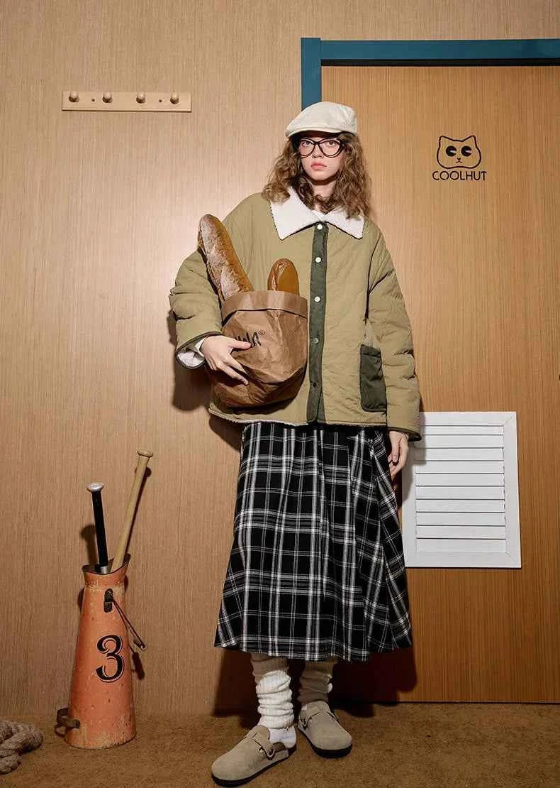 Colorblock Gourd Pattern Faux Fur Parka Jacket