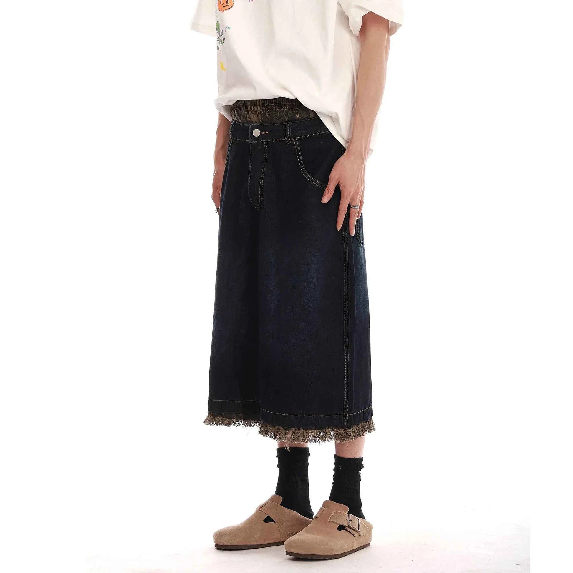 Camouflage Patchwork Wide Leg Denim Jorts
