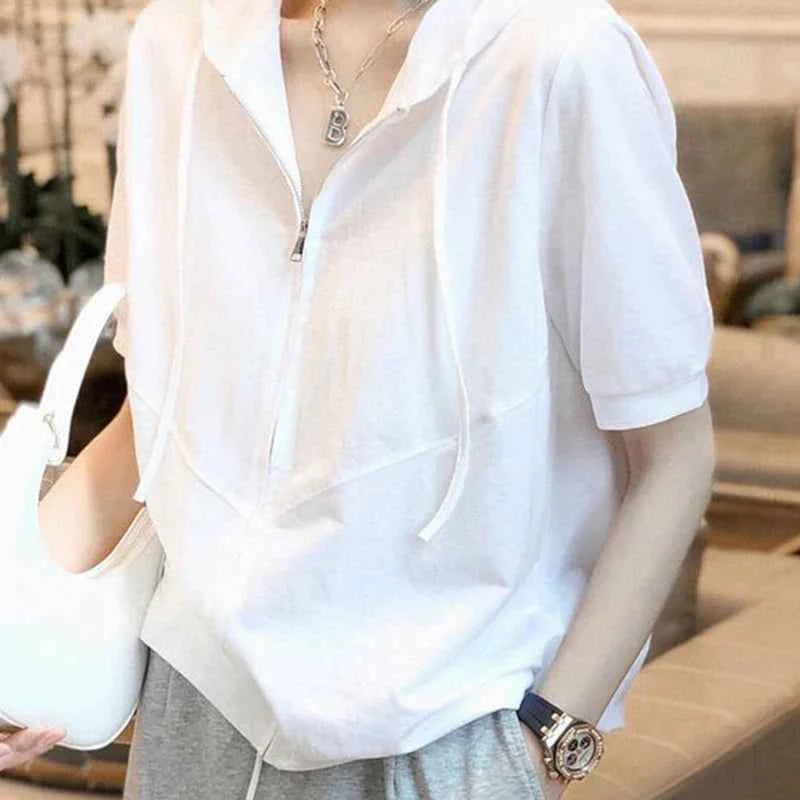 Stylish White Zipper Short Sleeve Summer T-Shirt