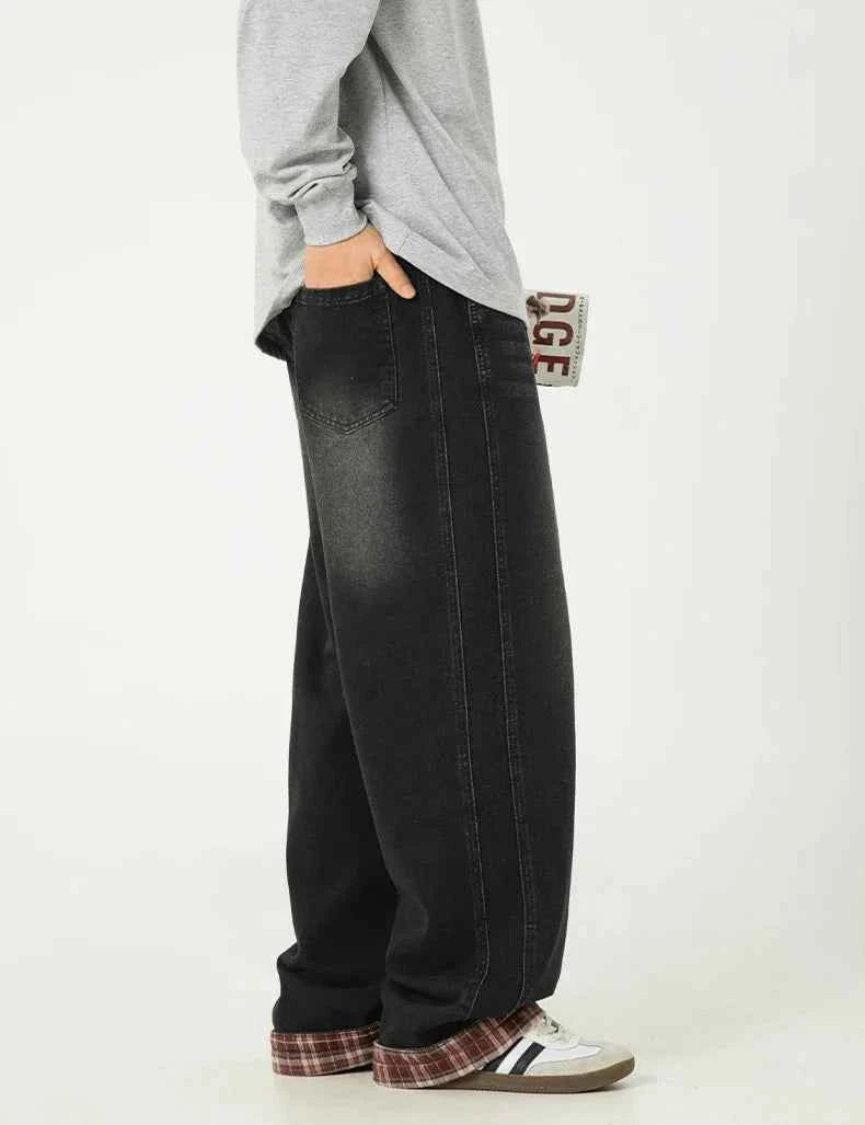 American Casual Plaid Patchwork Washed Jeans
